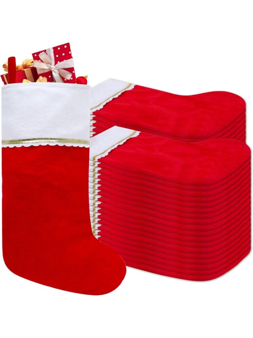 36 Pack Red & White Felt Christmas Stockings with Gold Trim - 19 Inch Holiday
